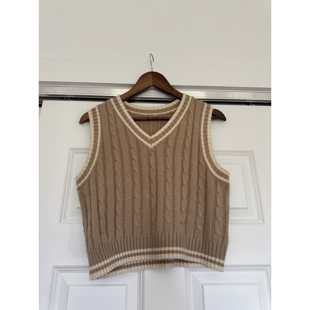 Shein Womens Beige 6 Cable Knit 100% Acrylic Sleeveless Sweater Preppy Old Money